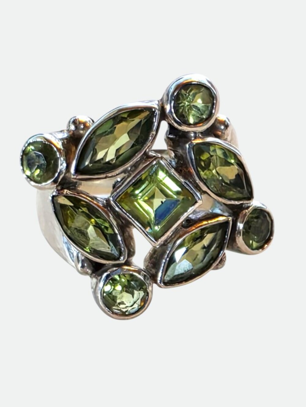 Vintage 925 Sterling Silver Natural Peridot Cluster Statement Ring